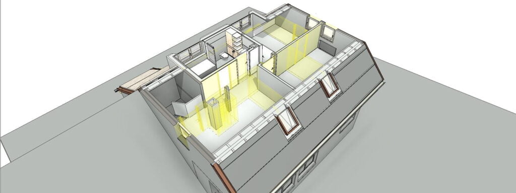 Building Information Modeling: digital Häuser planen betrachten. Bild von einem aufgeschnittenen Dachstock