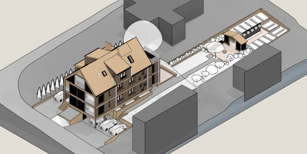 Modellbauansicht vom Wohnhaus mit Umschwung